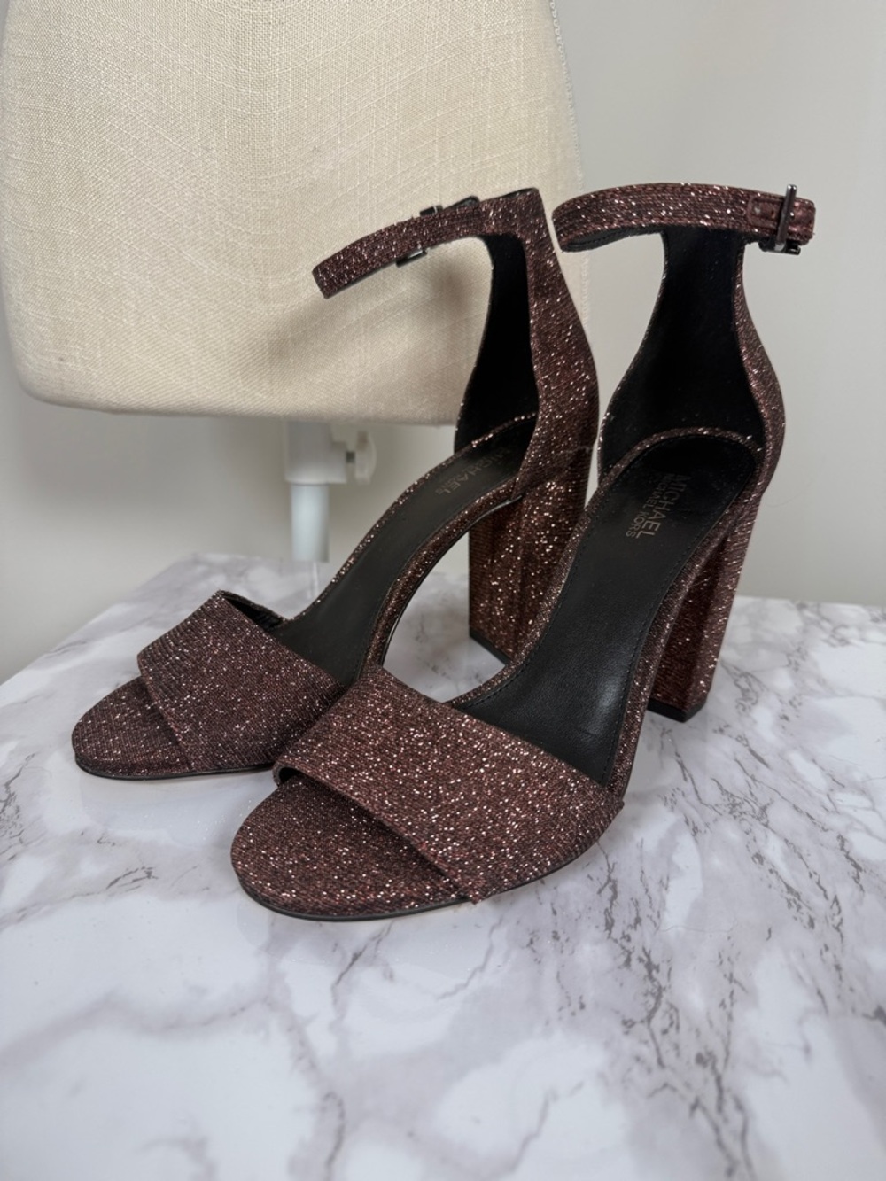 NEW!!! MICHAEL Michael Kors Sparkling Brown Glitter Block Heel Sandals